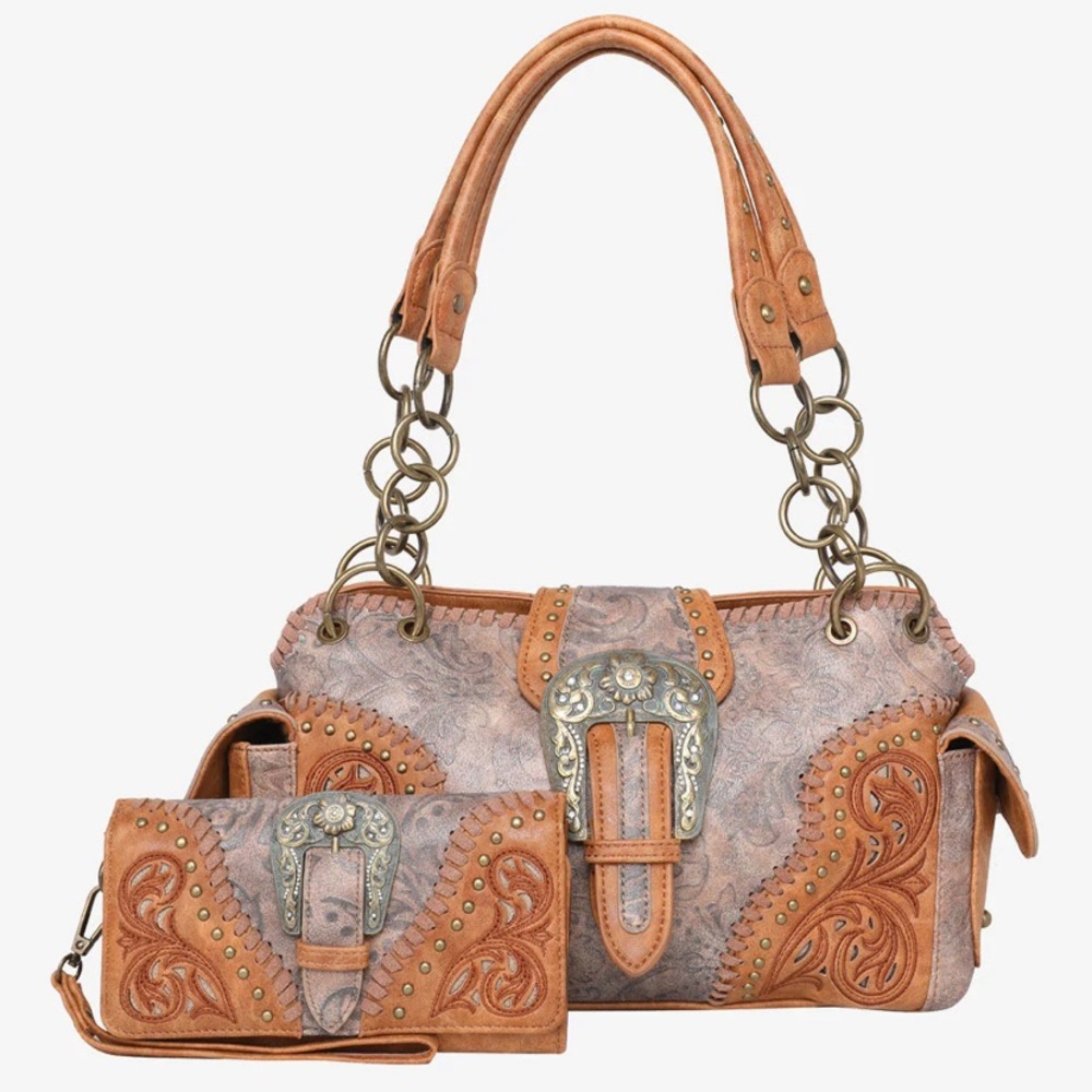 NWT Montana West western buckle pu leather bag wallet set conceal carry purse